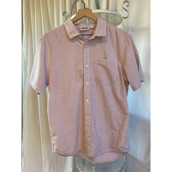 VANS Shirt Short Sleeve Button Down Red Horizontal Stripe Cotton Size Medium - Picture 1 of 7